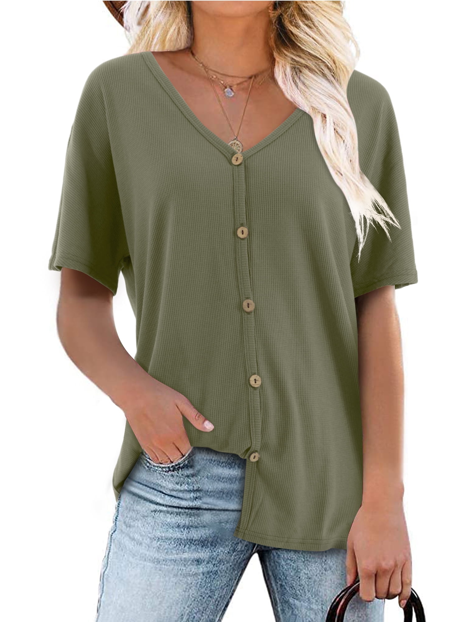 Fancyglim Women Short Sleeve Tee Shirt Loose V Neck Button Tops Blouse ...