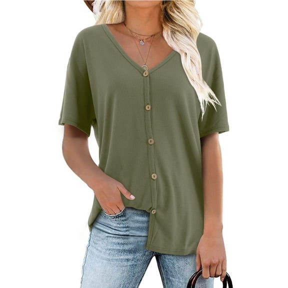 Fancyglim Women Short Sleeve Tee Shirt Loose V Neck Button Tops Blouse Green L