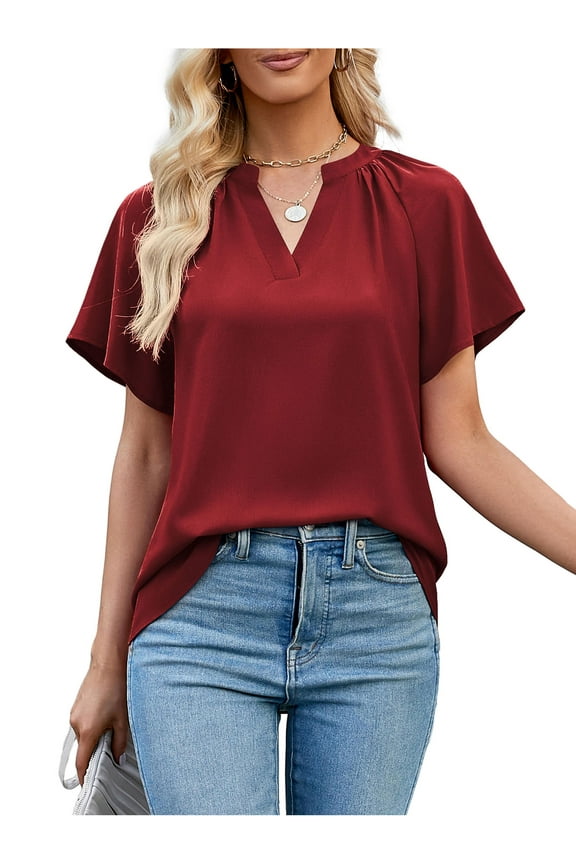 Women Short Sleeve Tops Basic V Neck Summer Tee Shirt Burgundy S