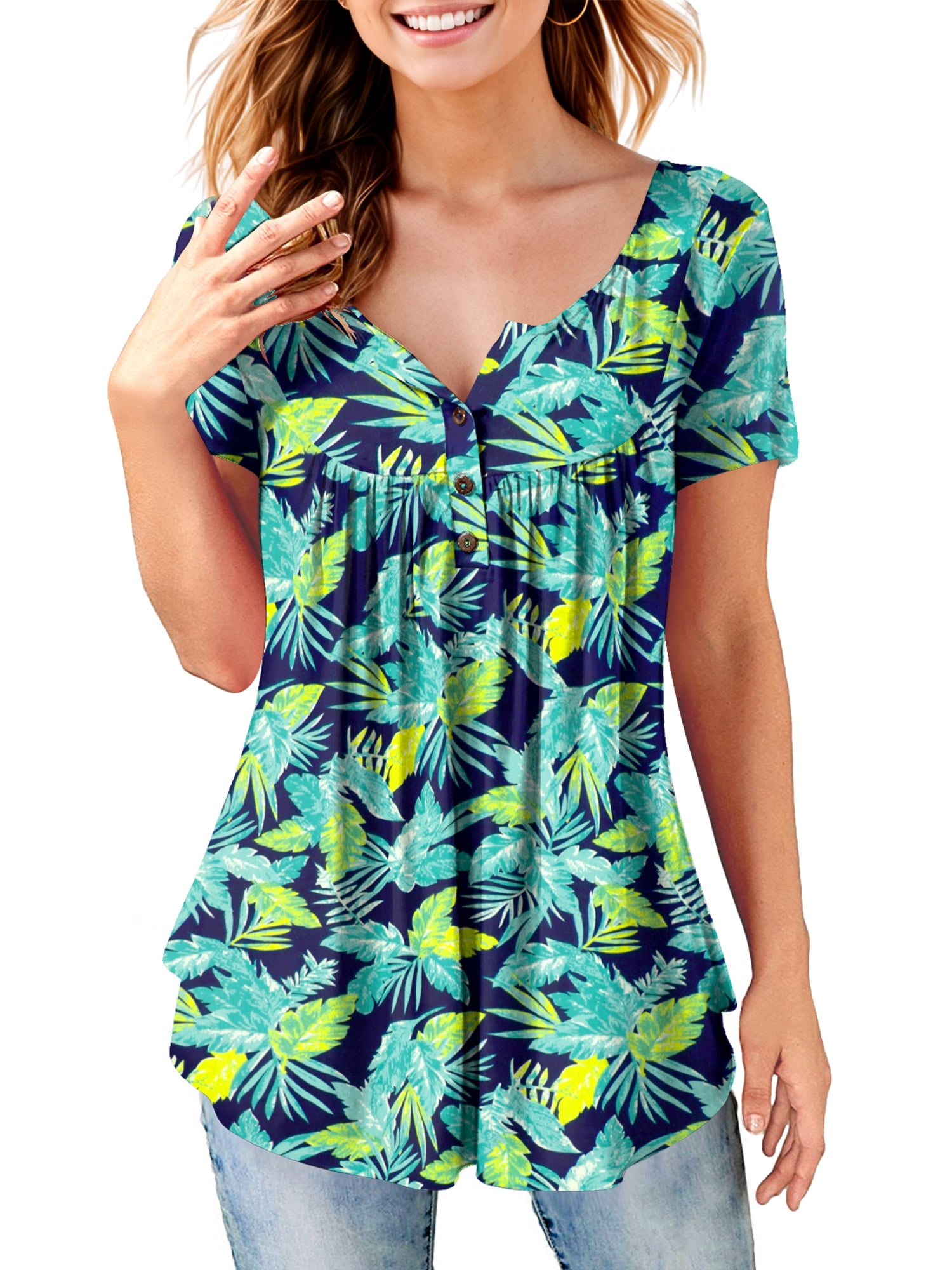 Fancyglim Women Short Sleeve Tunic Tops Plus V Neck Henley Shirt Blouse ...