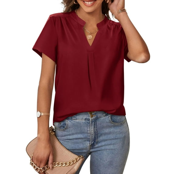 Amoretu Women Summer T-Shirts Causal Loose Split V Neck Blouses Tops Red S