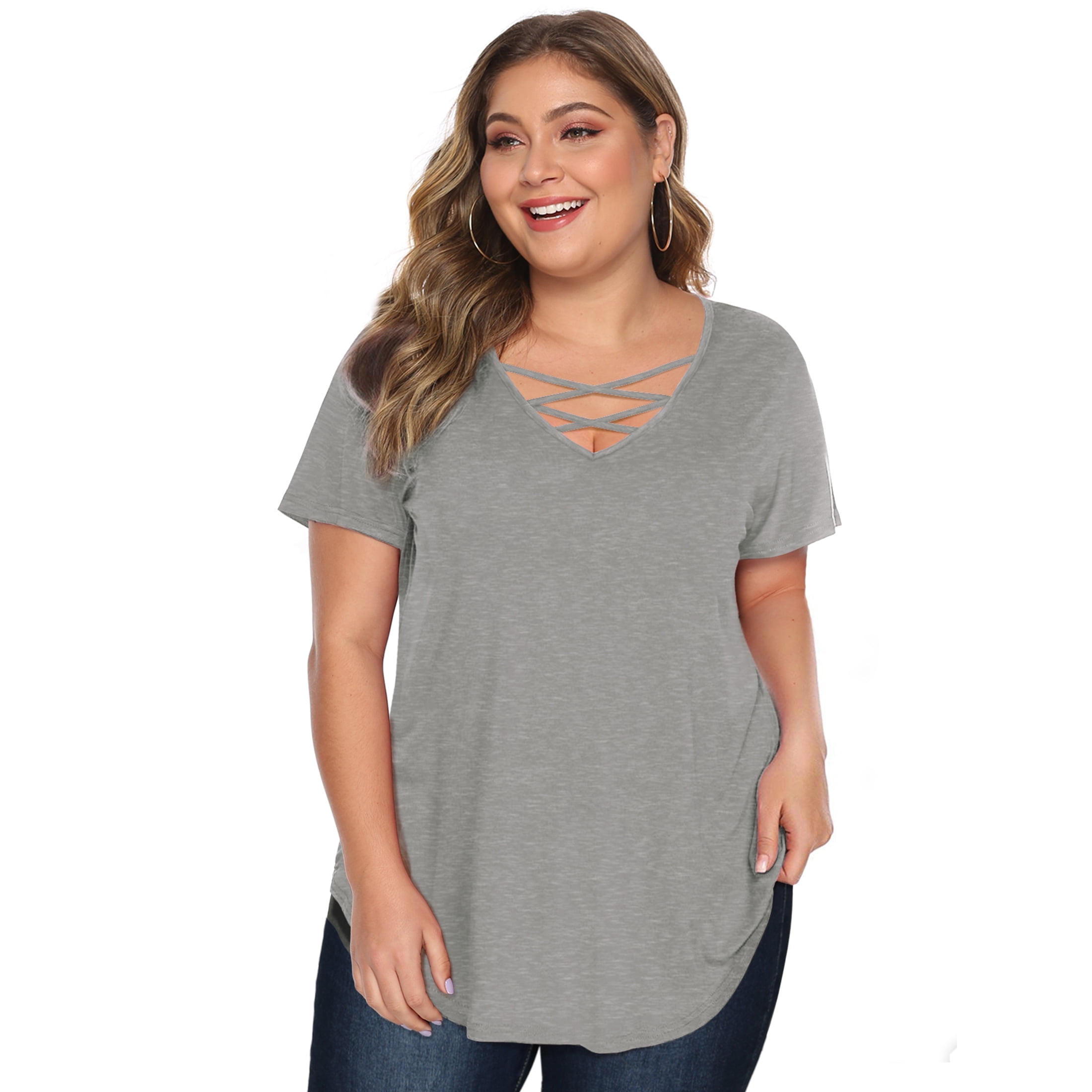 Amoretu Women's Summer V-Neck T-Shirt - Soft Rayon Short Sleeve Top, Grey, Size L