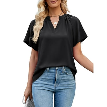 Fancyglim Women Summer Tops Ruched Tunic Short Sleeve Blouse Black XL