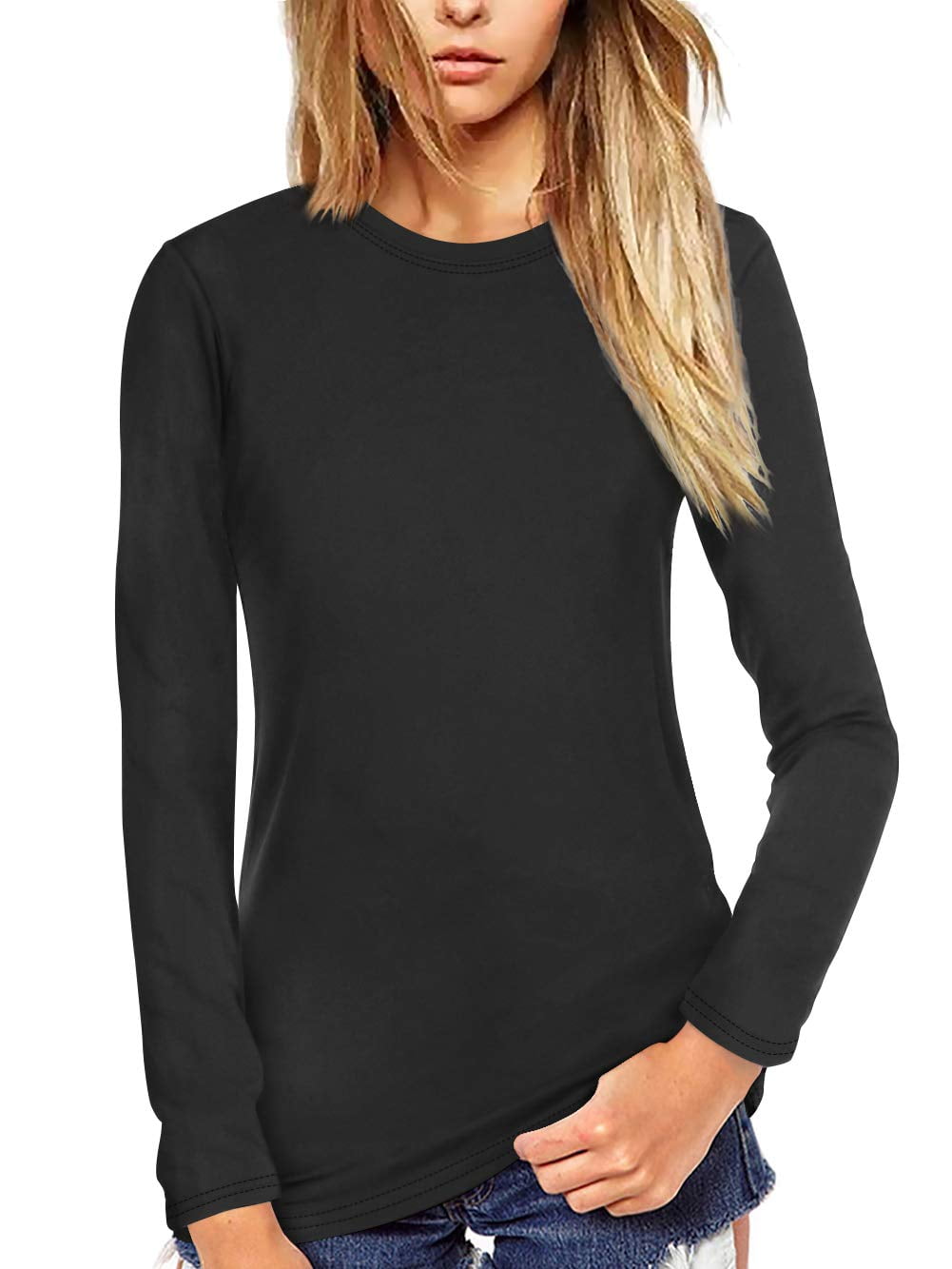 Amoretu Women T Shirt Long Sleeve Crew Neck Tee Tops(Black XL)