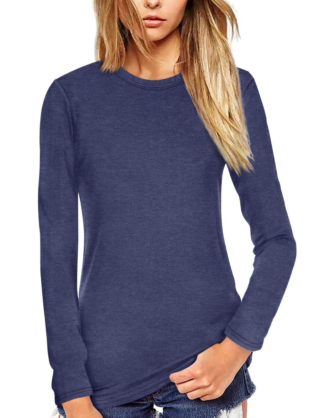 Amoretu Women T Shirt Long Sleeve Crew Neck Tee Tops(Blue L) - Walmart.com