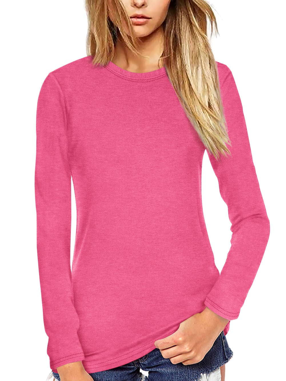 Amoretu Women T Shirt Long Sleeve Crew Neck Tee Tops(Pink L)