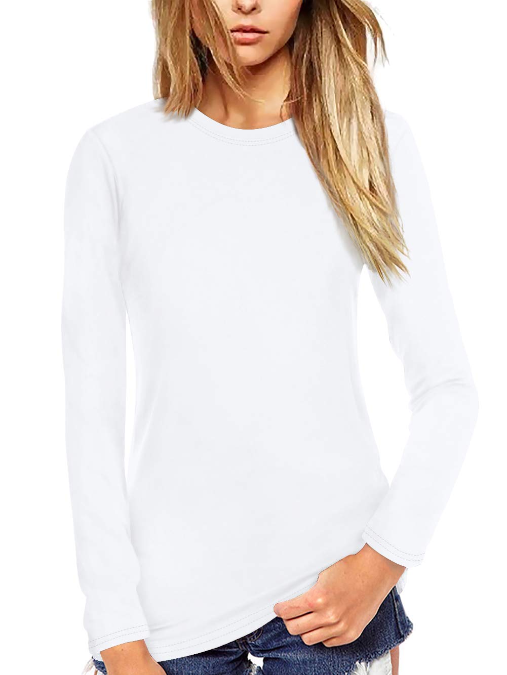 Women's Premium Basic Long Sleeve Round Crew Neck T-Shirt Top Warm Soft ...