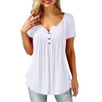 Amoretu Women T Shirts Short Sleeve Round Neck Button Up Tunic Tops (White, M)