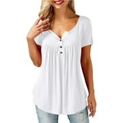 Amoretu Women T Shirts Short Sleeve Round Neck Button Up Tunic Tops (White, XL)