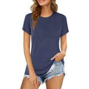 Amoretu Women Tops Short Sleeve Crew Neck Plain T-Shirt Blouse(Navy Blue S)