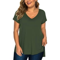 Amoretu Women Tops Short Sleeve V Neck Plain Plus Size Tee Shirts(Green 2X)