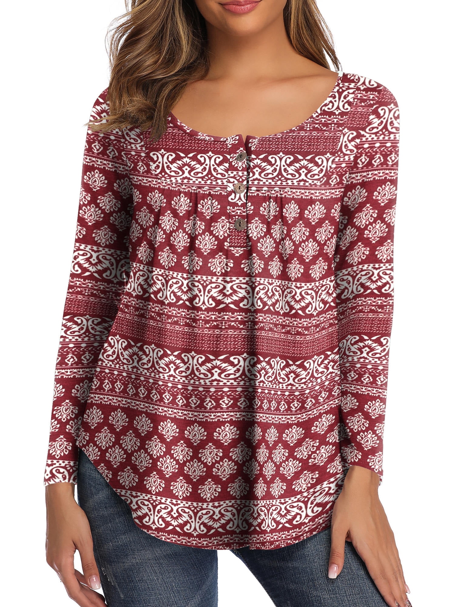 Women Tunic Tops For Leggings Long Sleeve Shirts Pleated Blouses Clothes Burgundy L
