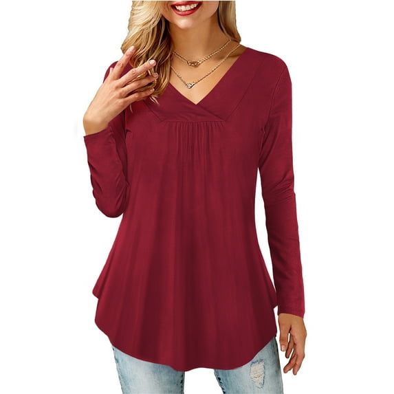 Amoretu Women V Neck Shirt Long Sleeve Loose Flowy Top Blouse Burgundy 2XL