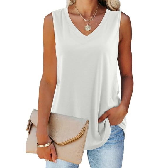 Fancyglim Women V Neck T Shirt Summer Loose Fit Tank Top Plain Blouse White L