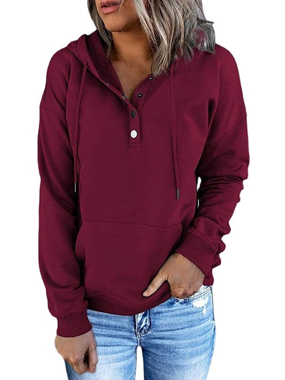 Women's Buttons Hoodies Long Sleeve Sweatshirt with Pocket, Wine Red S