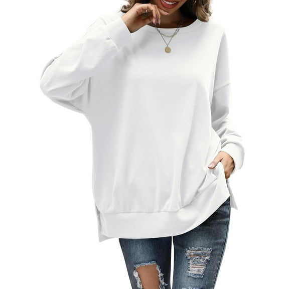 Fancyglim Women's Crew Neck Sweatshirt Long Sleeve Oversized Blouses, White L