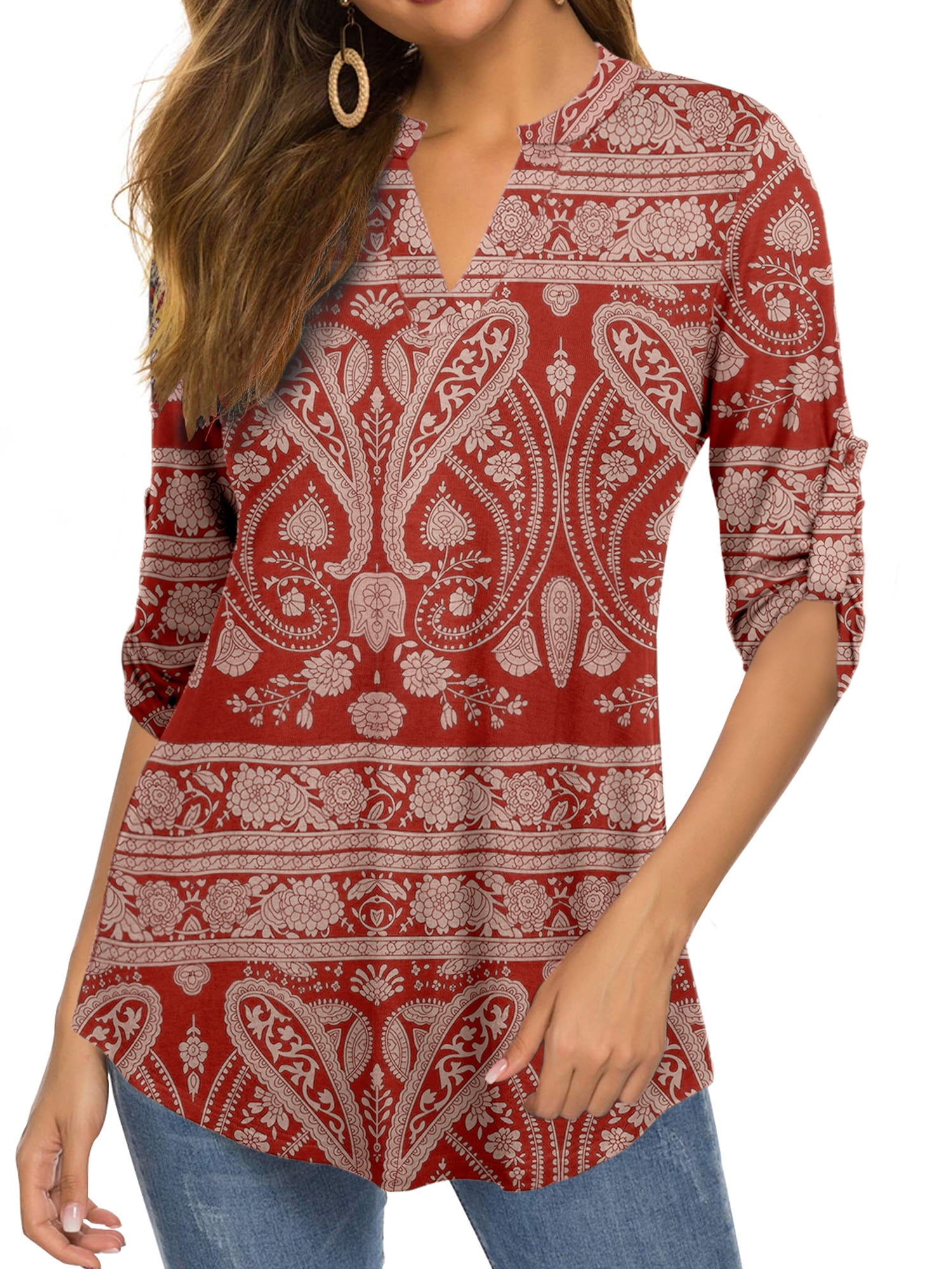Amoretu Women's Flowy Paisley Tunic Tops 3/4 Sleeves Shirt V Neck