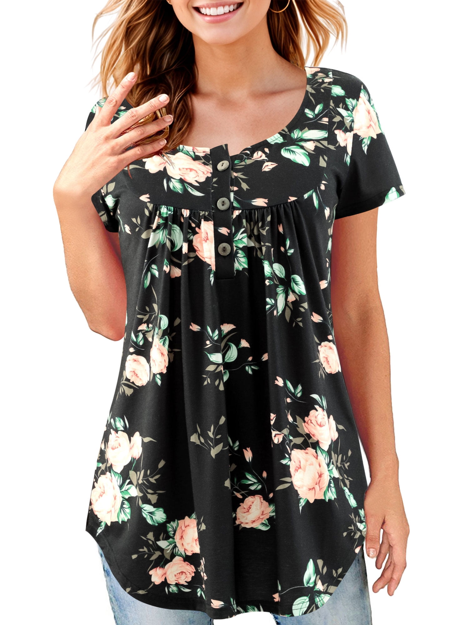 Fancyglim Women's Henley Shirts Short Sleeve Casual Floral Tunic Tops ...