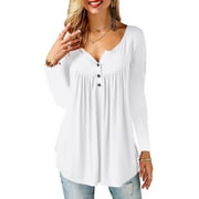 Amoretu Women's Long Sleeve Henley Shirt Casual Button Up Tunic Tops (White, L)