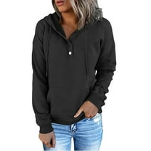 Amoretu Women's Long Sleeve Hoodie with Buttons Casual Hooded Tops, Black 2XL