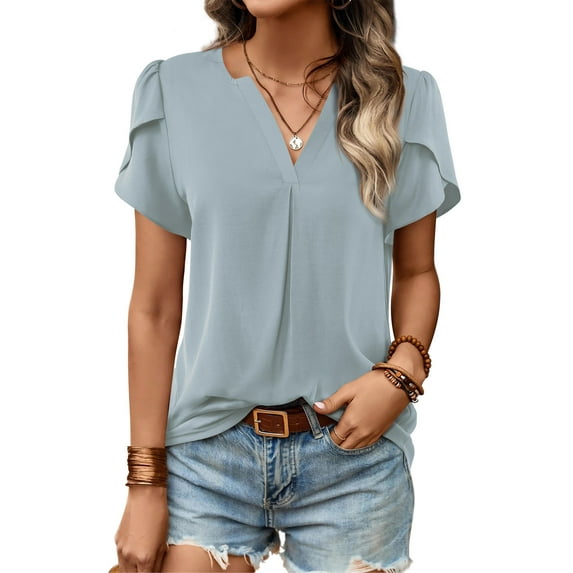 Amoretu Women's Petal Sleeve Tops Casual V Neck Pleated Blouse Shirt Blue S