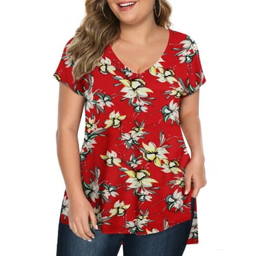 Fancyglim Women's Plus Size Shirt Summer V Neck Short Sleeve Tops Tunic Red L