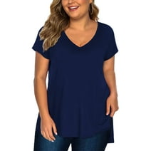 Amoretu Women's Plus Size T-shirts V Neck Short Sleeve Tops Tunic(Blue XL)