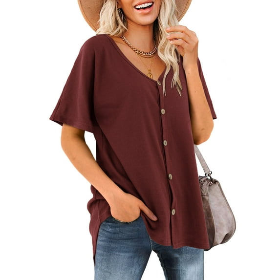 Fancyglim Women's Short Sleeve T Shirts Casual Button V Neck Tunics Burgundy M