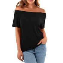 Amoretu Women's Short Sleeve Tunic Off the Shoulder Cute Shirt Tops Black L