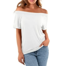 Amoretu Women's Summer T-Shirts Off the Shoulder Short Sleeve Tops White XL