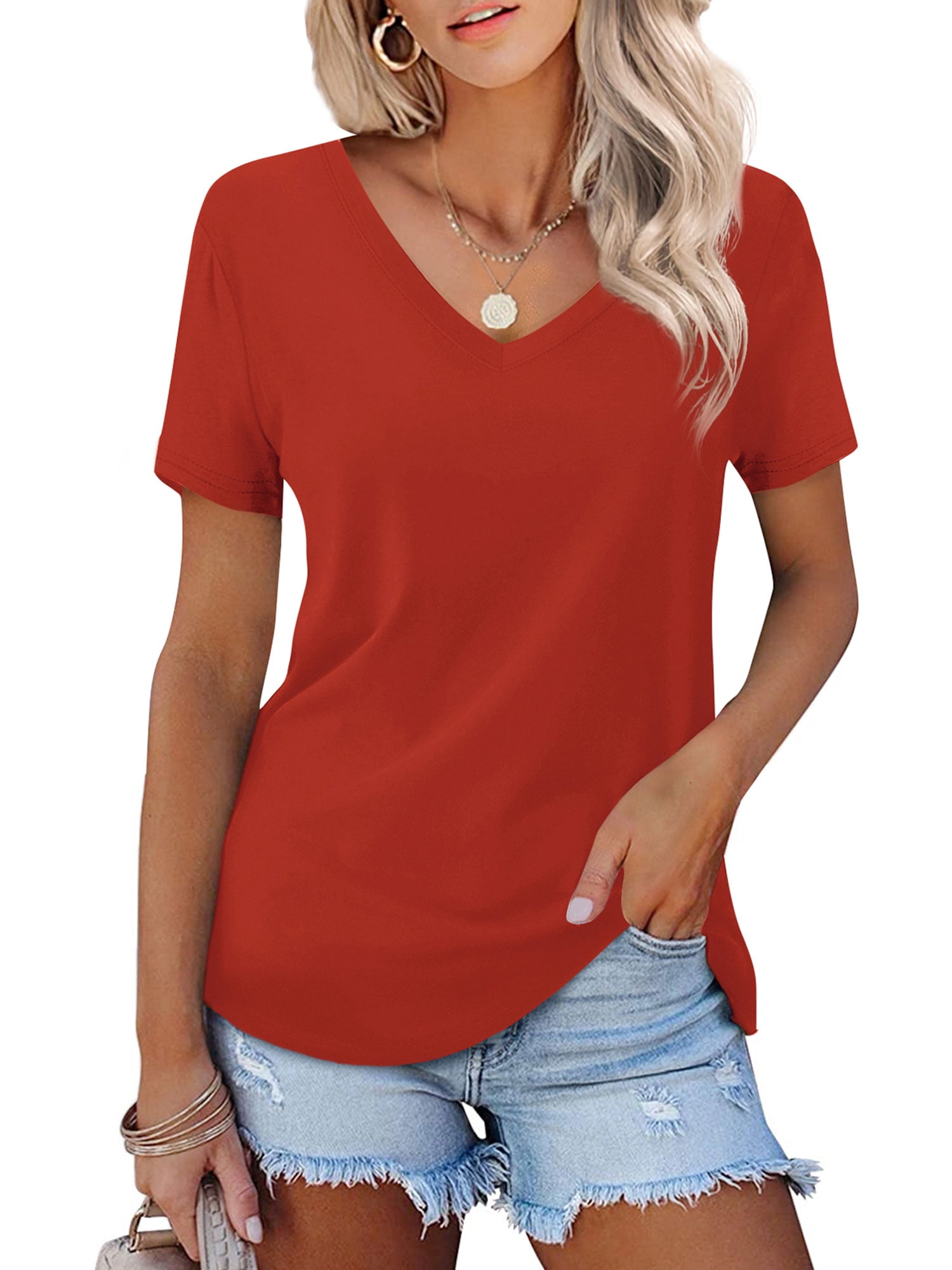 Amoretu Women's V-Neck Short Sleeve T-Shirt - Plain Loose Fit Blouse Top, Black Size L