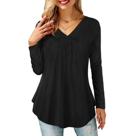 Amoretu Women's Tops Long Sleeve Pleated Casual Swing Tunic Shirts Black M