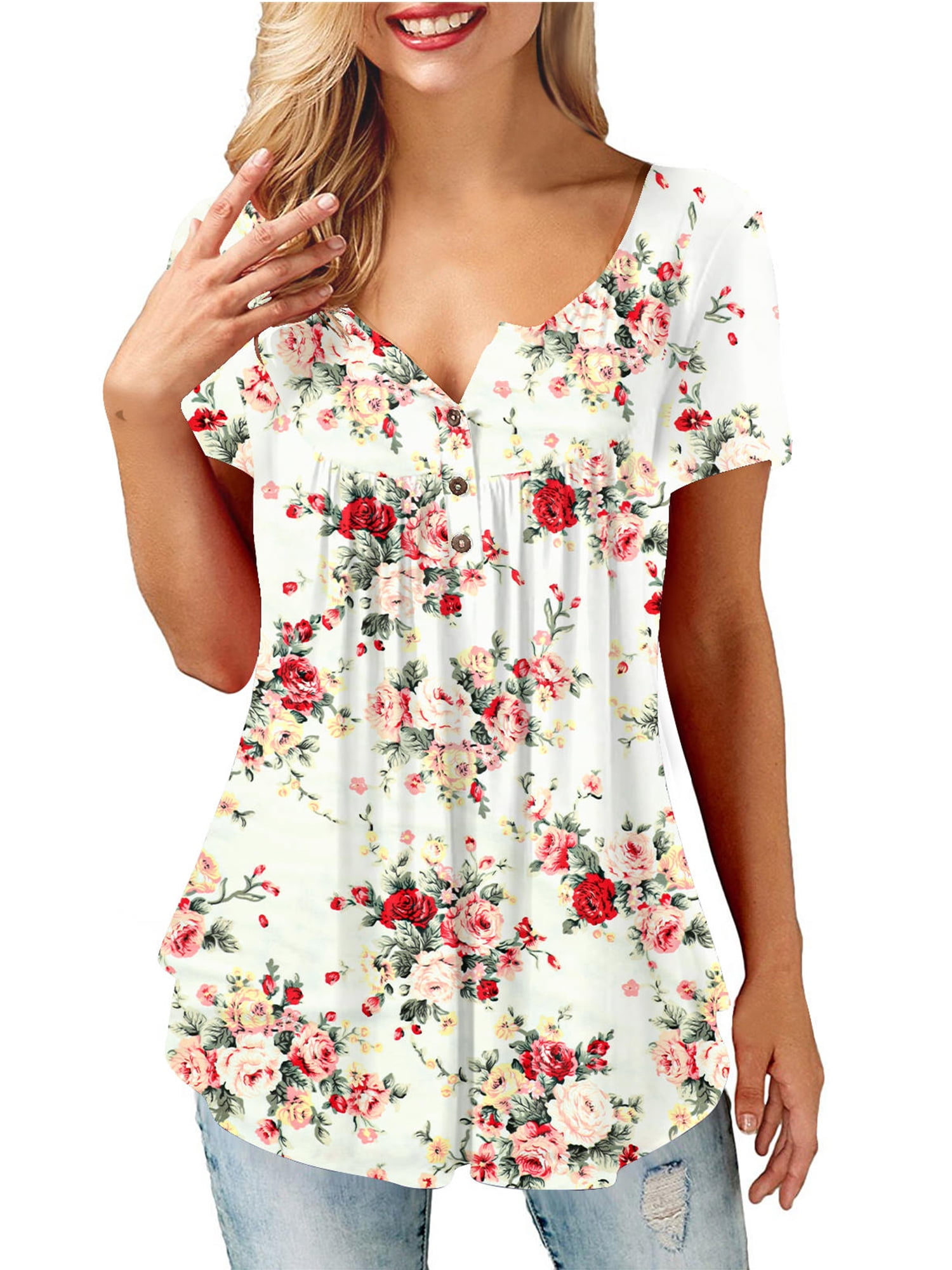 Amoretu Women's V-Neck Short Sleeve Blouse - Casual Summer Top, Pink (XL) - View #9