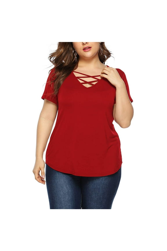 Fancyglim Women's V Neck Tee Shirts Plus Size Short Sleeve Plain Tops Red 4XL