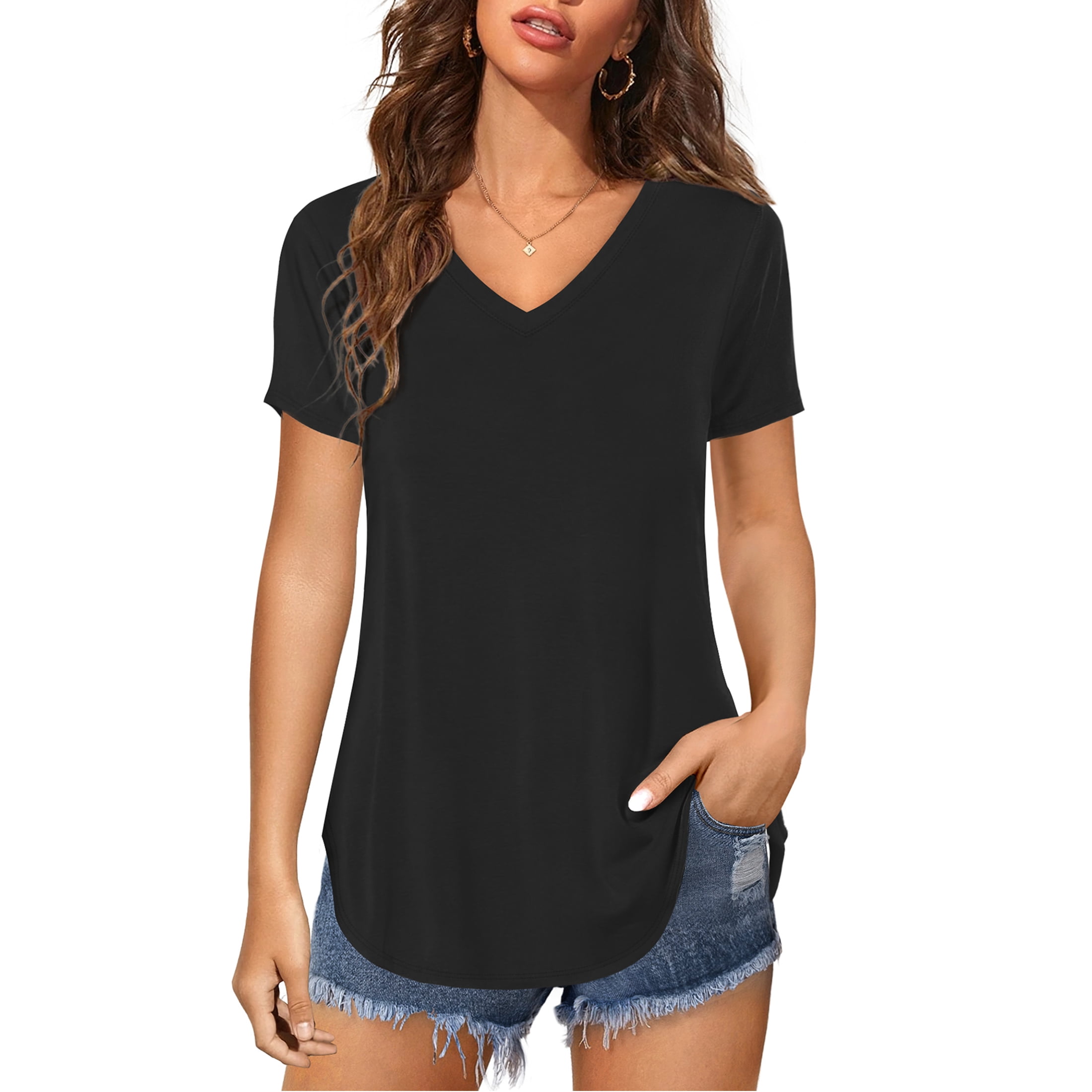 Amoretu Women's V Neck Tops Summer Short Sleeve Curved Hem TShirt