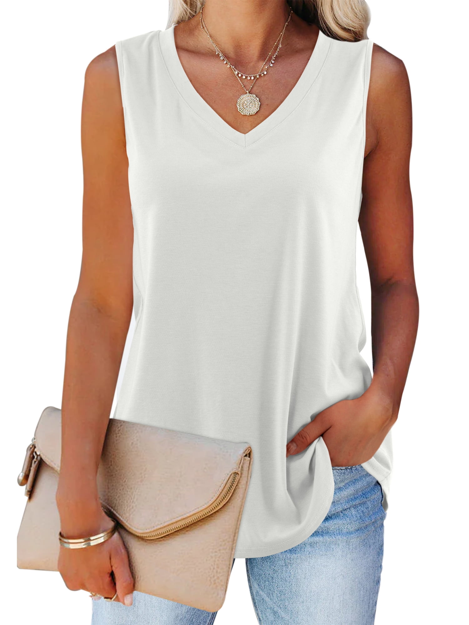 Amoretu Women's Vest Shirt V Neck Sleeveless Flowy Long Tank Tops White