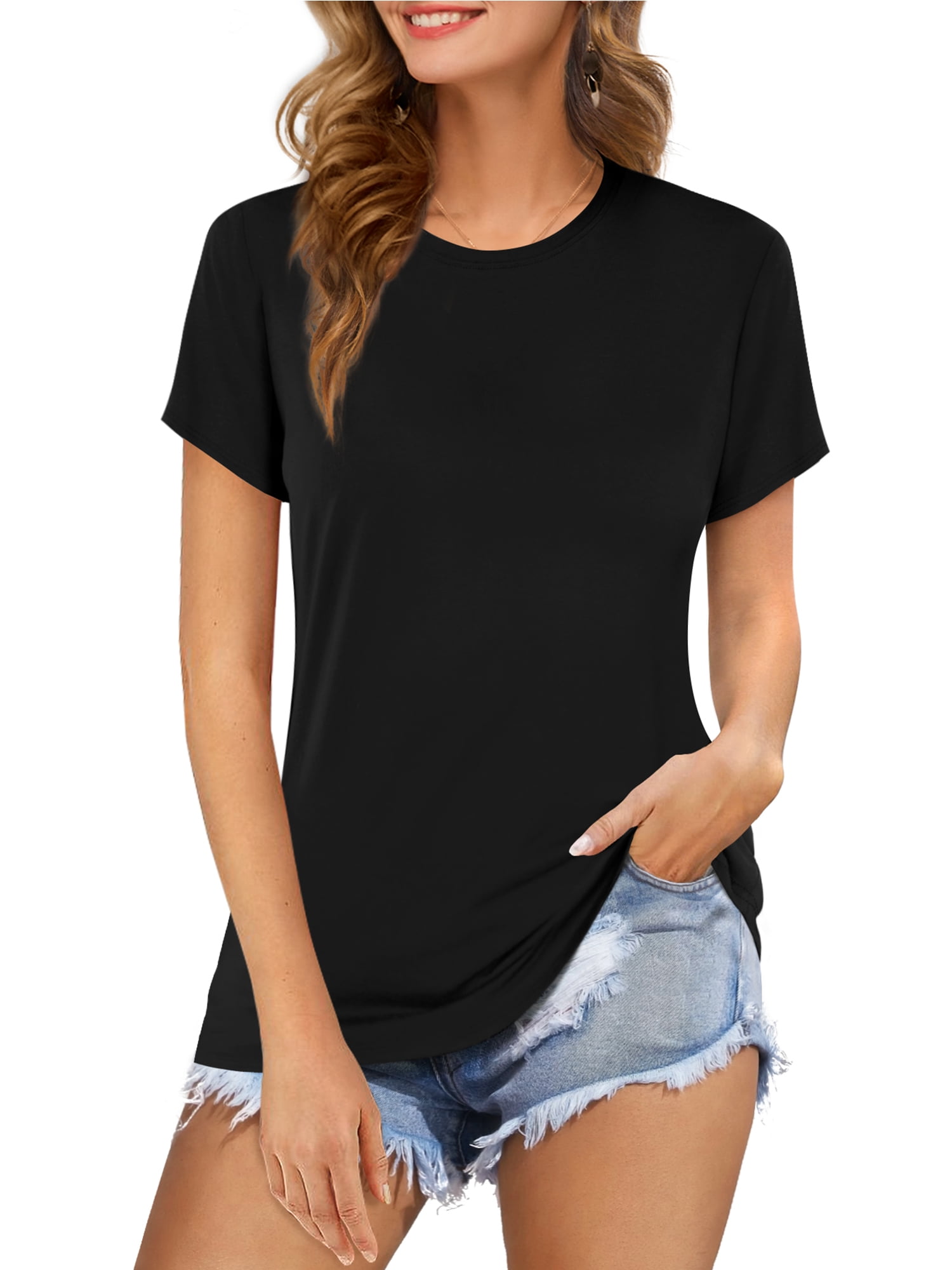 Amoretu Womens Crew Neck Tee Shirt Short Sleeve Fitted Long Tops(Black