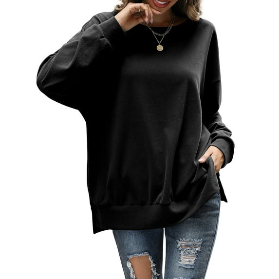 Fancyglim Womens Fall Sweatshirts Long Sleeve Casual Pullovers Side Split Black 3XL