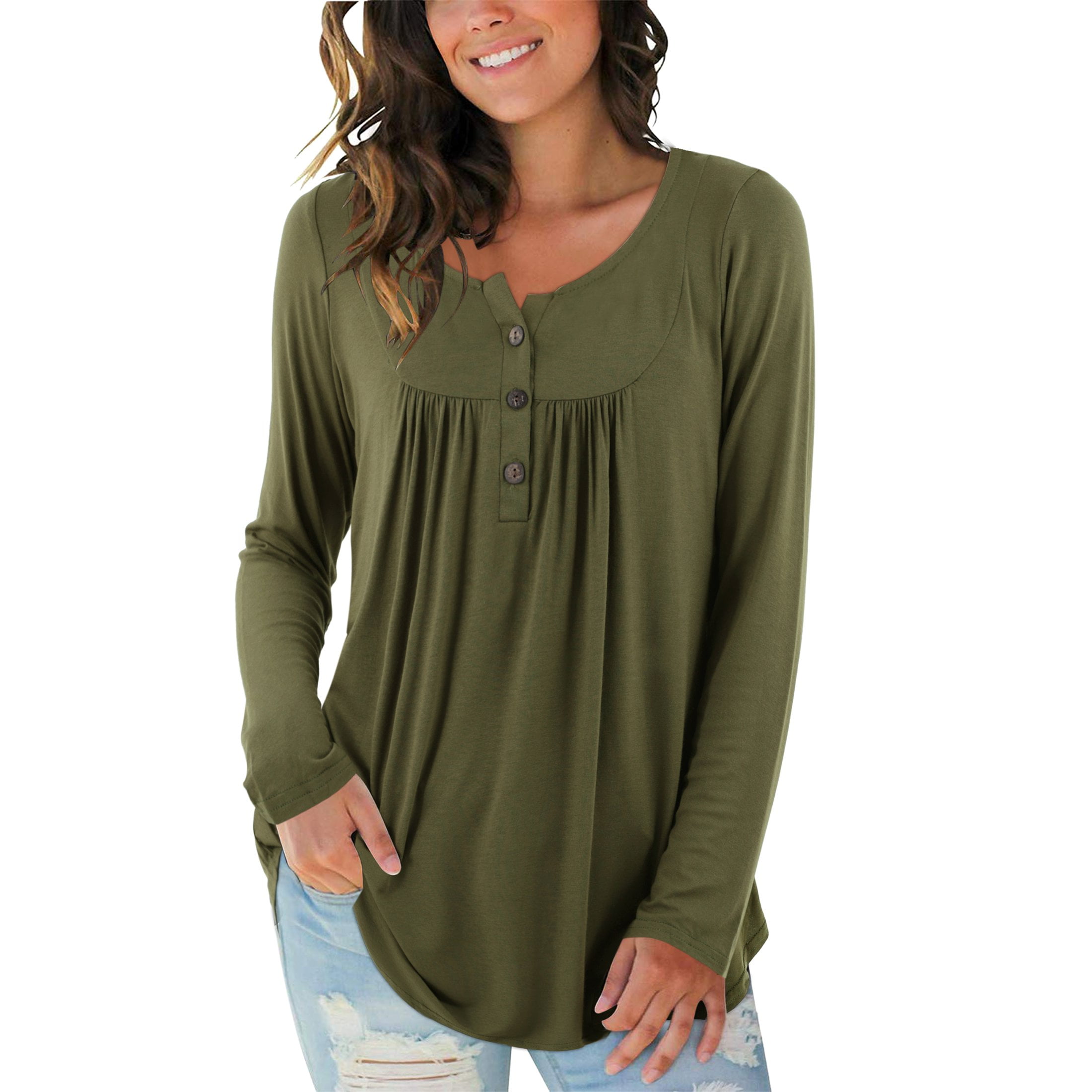 Amoretu Womens Long Sleeve T Shirts Casual V Neck Button Tunic Blouse ...