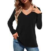 Fancyglim Womens Long Sleeve Tee Shirts V Neck Basic Comfy Tops Tunic Black L