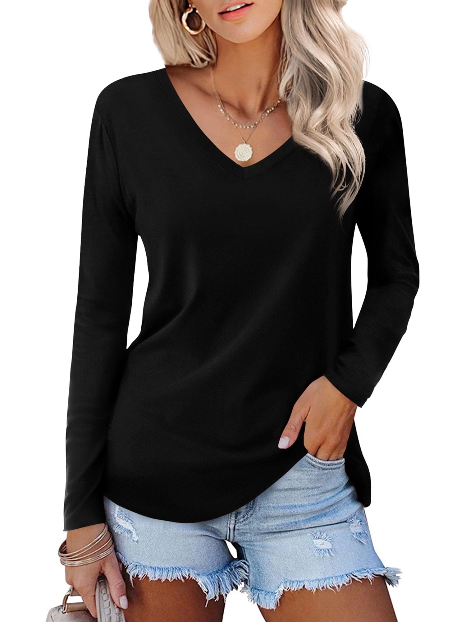 Amoretu Womens Long Sleeve Tops Casual V Neck Tee Shirts Loose Fit ...