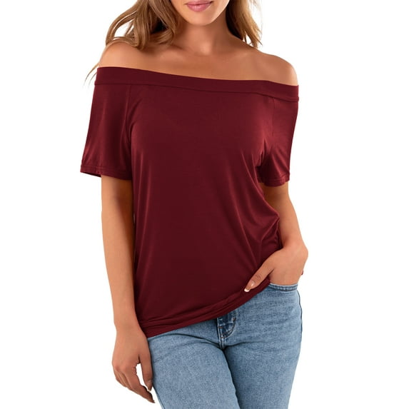 Fancyglim Womens Off Shoulder Tops Summer Short Sleeve Soft T-Shirt Burgundy M