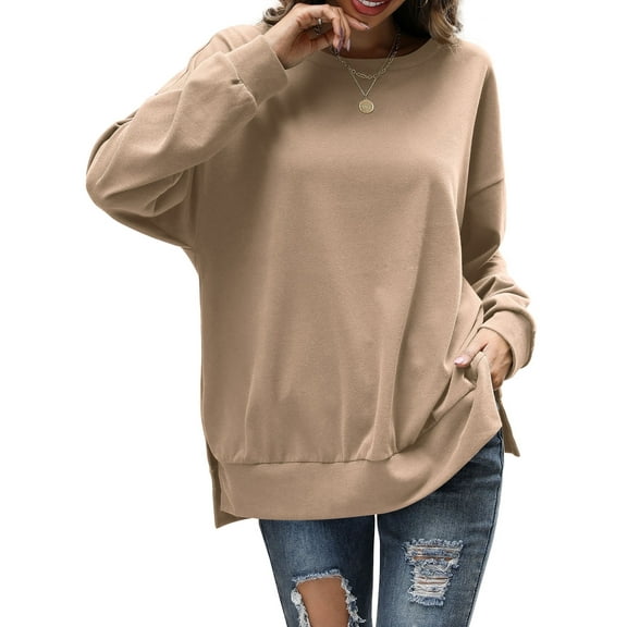 Fancyglim Womens Oversized Sweatshirts Crew Neck Long Sleeve Fall Tunic Top Khaki M