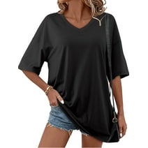 Amoretu Womens Oversized Tee Shirts Summer V Neck Comfy Tunic Tops Black M