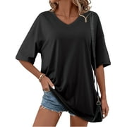 Amoretu Womens Oversized Tops Short Sleeve Loose Fit Tunic Shirts Black XL