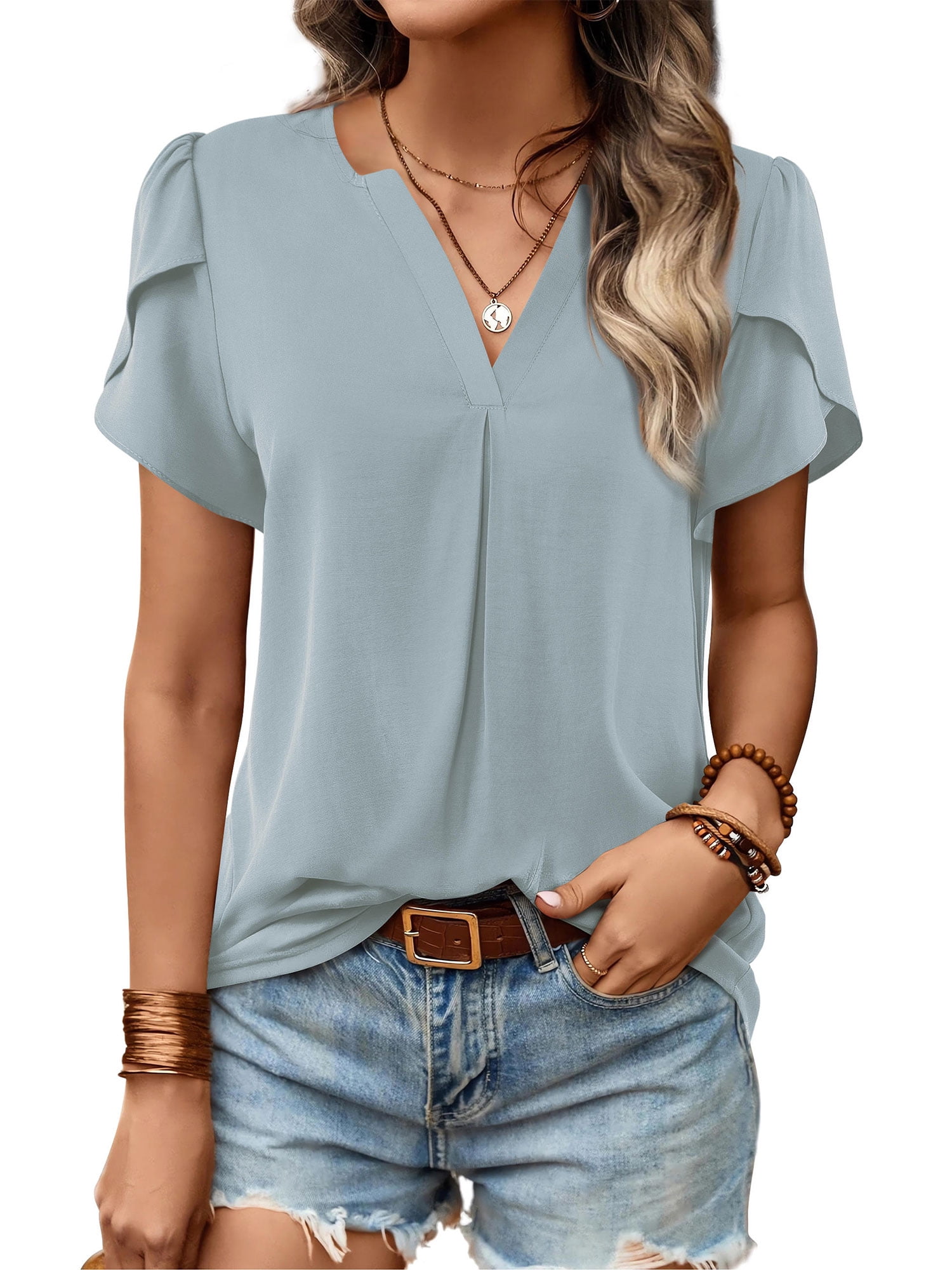 Amoretu Women's Short Sleeve V-Neck Tee - Plain Navy Blouse, Summer Casual Top (Size S)