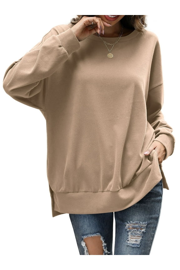 Womens Plus Size Sweatshirts Crew Neck Long Sleeve Fall Tunic Top Khaki 2XL