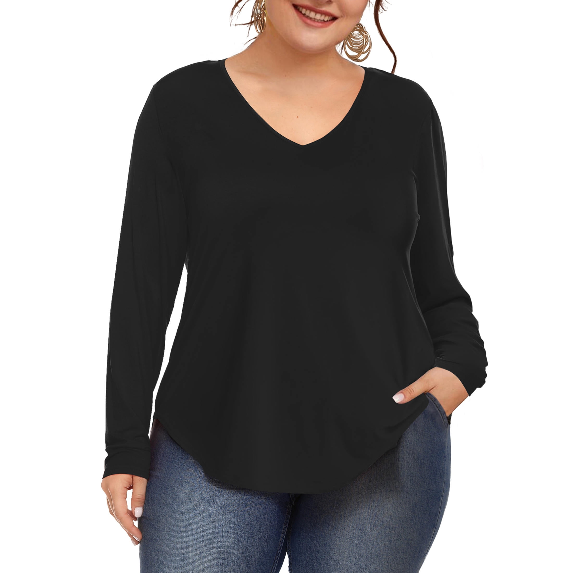 Amoretu Womens Plus Size T Shirts Long Sleeve V Neck Casual Tops ...