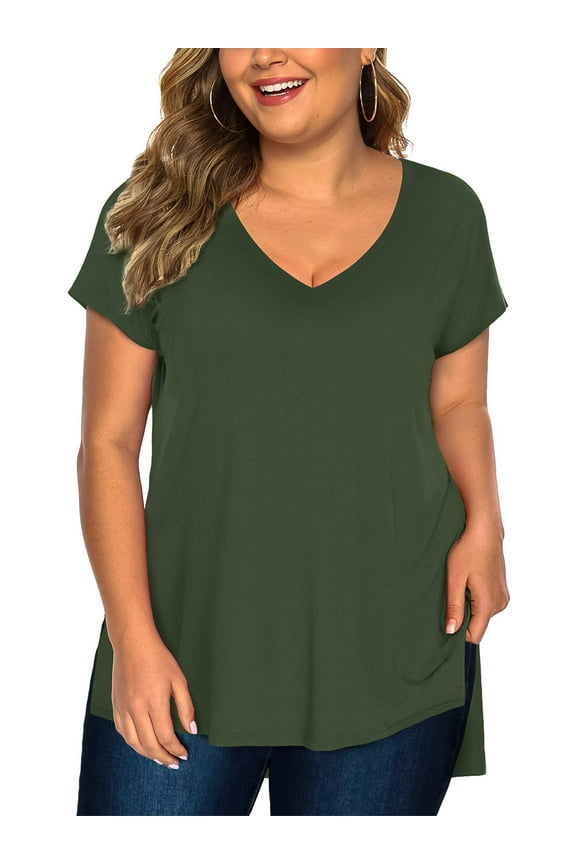Womens Plus Size T-Shirts Summer V Neck Short Sleeve Tops (Green 3X)