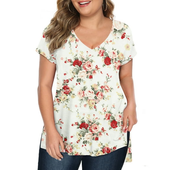 Fancyglim Womens Plus Size Tops Floral Printed Short Sleeve T-Shirts White 3XL